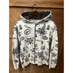 Quiksilver‎ Kids Full Zip Hoodie White Skull Bandana Print Size large
